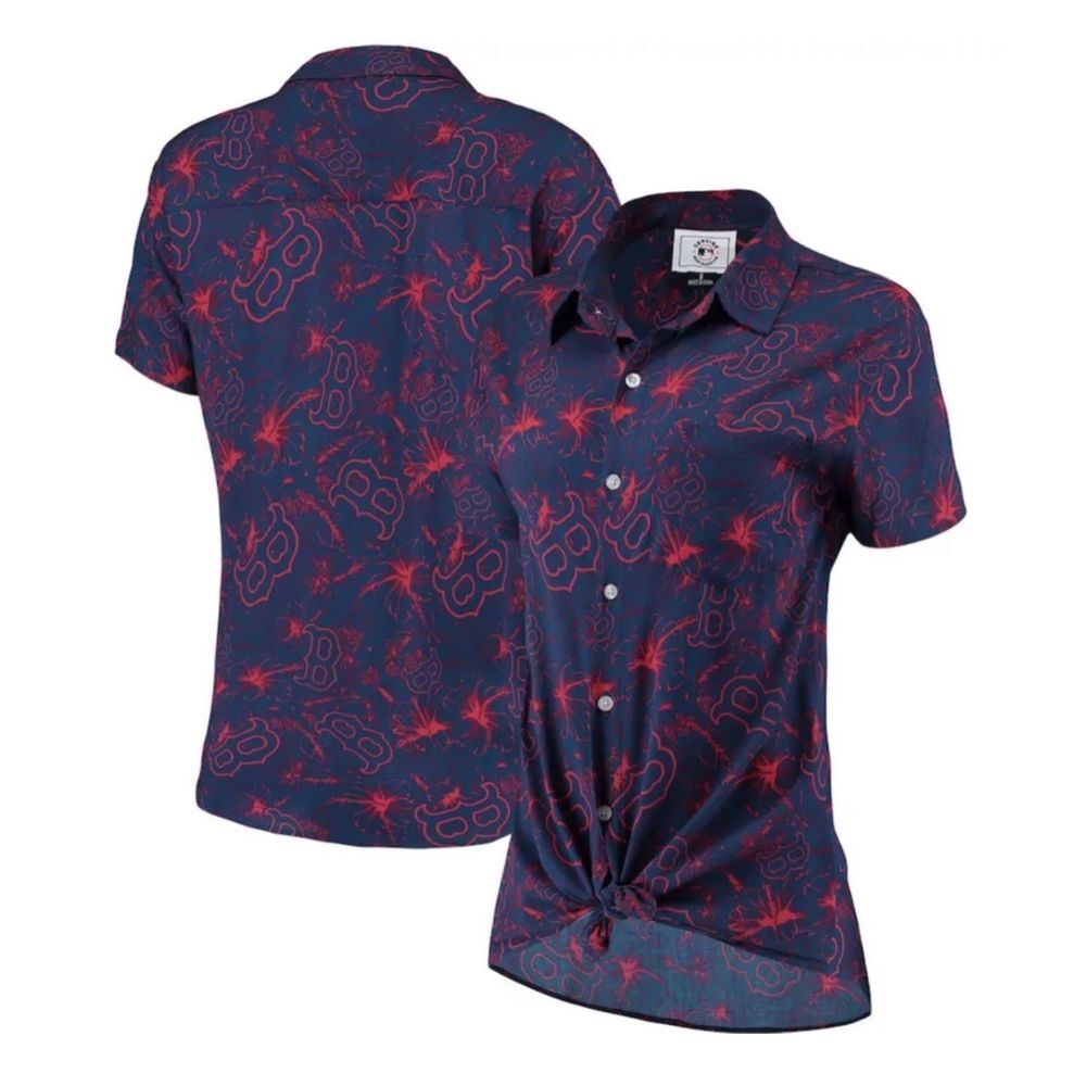 Boston Red Sox Women's XL Tonal Print Button Up Short Sleeve‎ Shirt Navy Red NWT